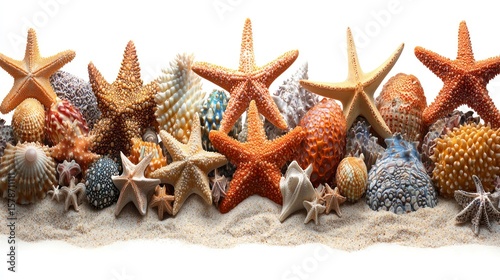 Vibrant Coastal Scene with Starfish and Shells on White Background for Creative Design and Copy Space