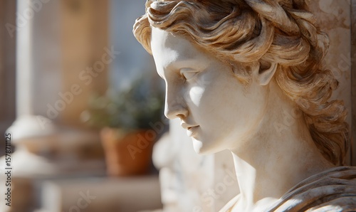 beautiful statue of greek woman inside temple interior, beautiful colors