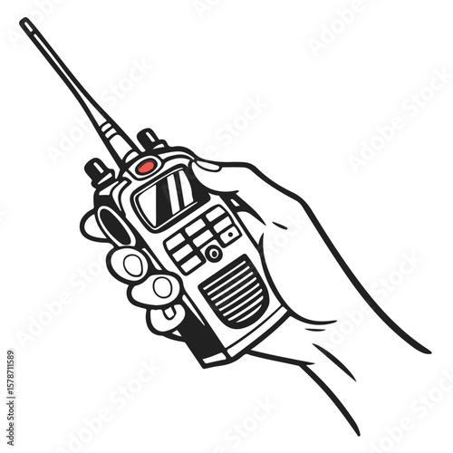 A detailed monochrome illustration of a hand holding a walkie-talkie for communication in security or construction work.
