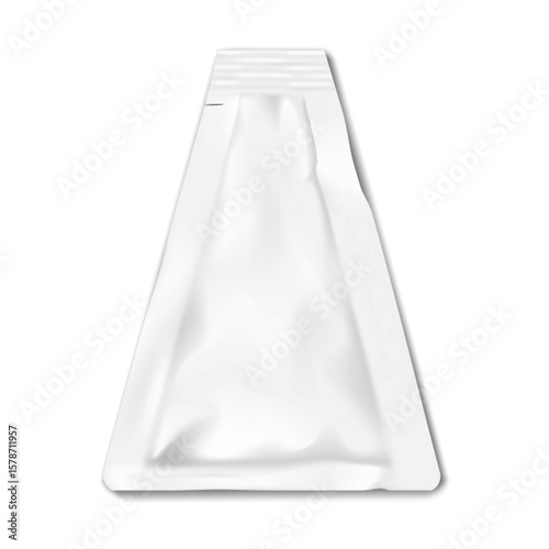 White blank tear notch triangle sachet pouch. Realistic 3d vector mockup. Triangular plastic bag. Mock-up. Food, medical, cosmetic beauty product individual packet package. Template for design