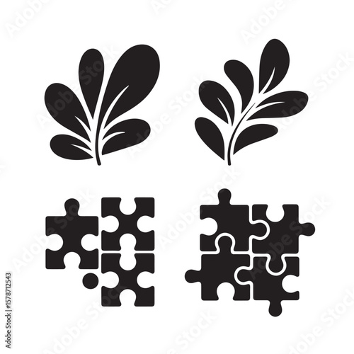 Two abstract leaf motifs and two incomplete puzzle pieces arrangements