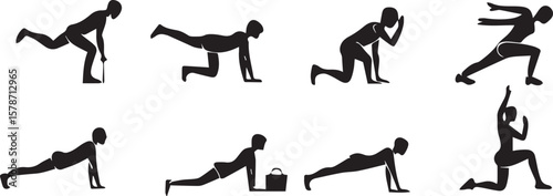 Vector silhouettes of dancing people and athletes in motion