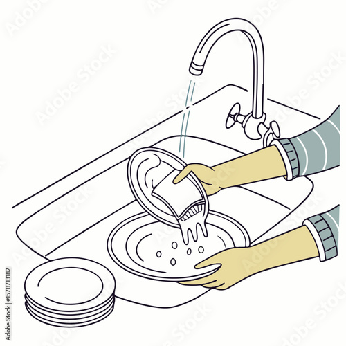 A flat vector showing a water faucet with dishes in the sink, symbolizing cleaning and hygiene at home.