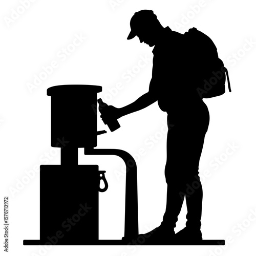 Courier silhouette refilling water bottle at public fountain, eco-friendly habit