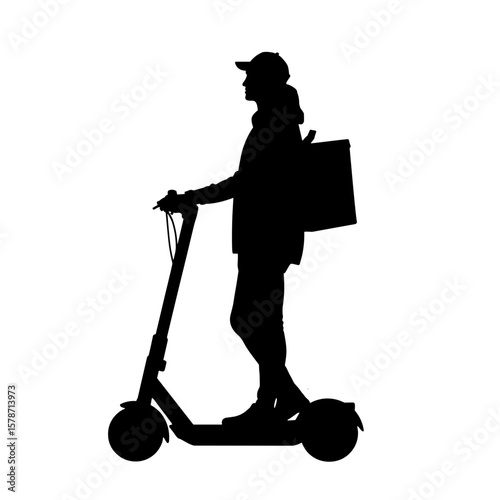 Silhouette of person on electric scooter with parcel, eco-friendly delivery concept