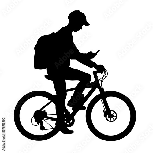 Silhouette of cyclist courier on phone, smart navigation and eco delivery