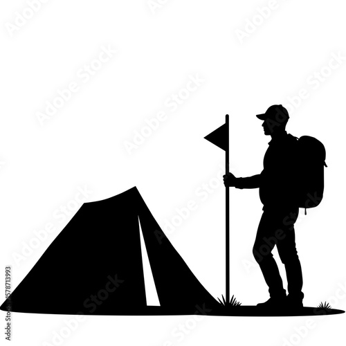 Silhouette of hiker with flag beside tent, outdoor camping adventure