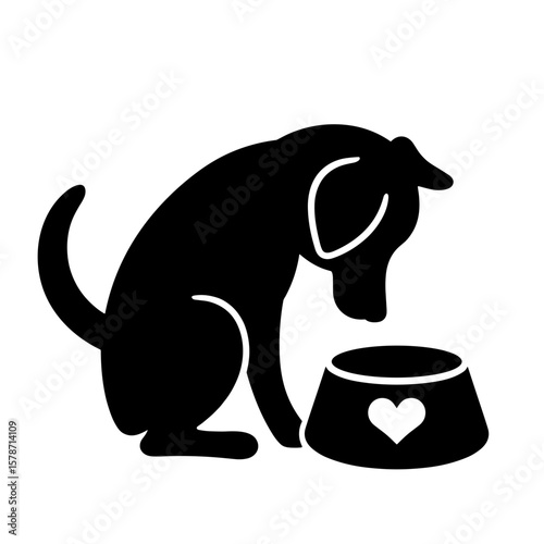 Silhouette of dog eating from heart-marked bowl, pet wellness and nutrition