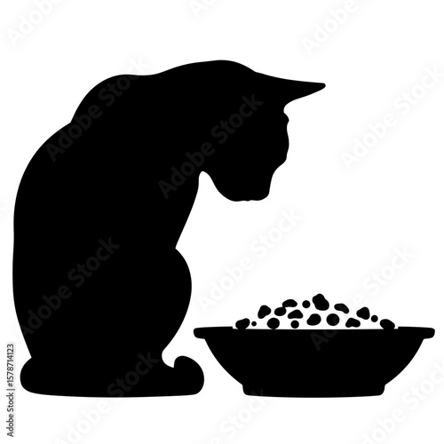 Silhouette of cat sniffing kibble dish, feline health and nutrition concept
