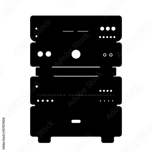 Silhouette AV receiver rack with blinking lights, media system control hub