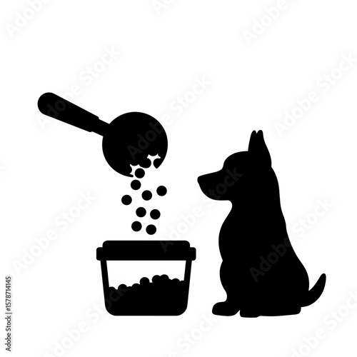 Silhouette of dog with kibble and container, pet food storage and freshness