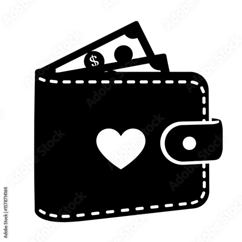 Silhouette of wallet with dollar bill and heart icon, frugal love finances