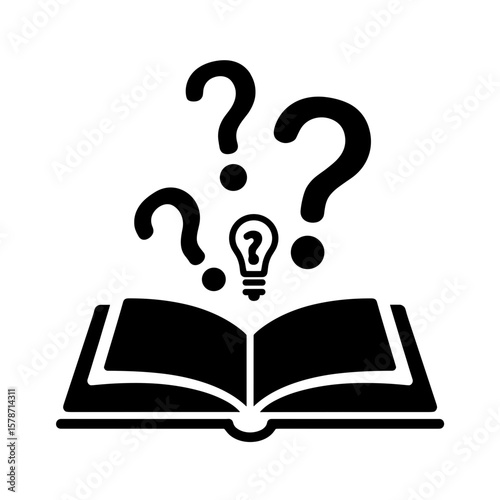 Silhouette of notebook with question marks and lightbulb, learning and discovery, copyspace