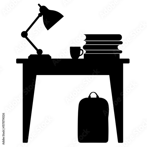 Silhouette of study desk with books and lamp, organized academic focus