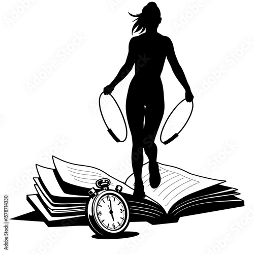 Silhouette of jumping rope on open book with stopwatch, fitness and learning synergy