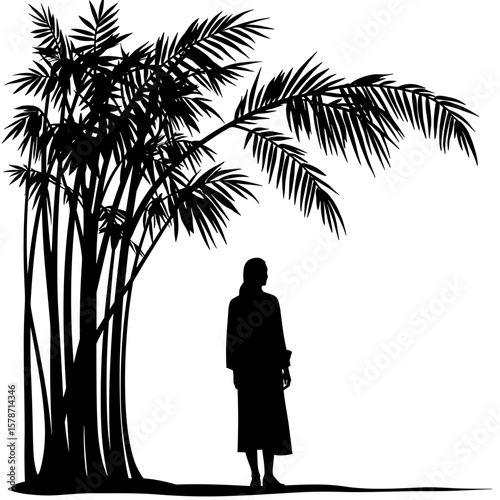 Silhouette of person with bamboo installation, Eastern nature art