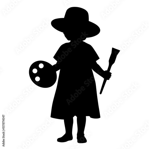 Silhouette of child in artist costume holding palette, creative expression