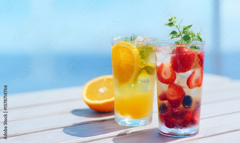Fototapeta premium Colorful sparkling fruit drink with citrus and berries, placed on an outdoor table under a clear blue sky