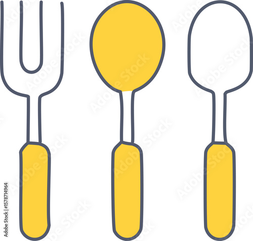 Fork and spoons with yellow handles and grey outlines cutlery eating utensils