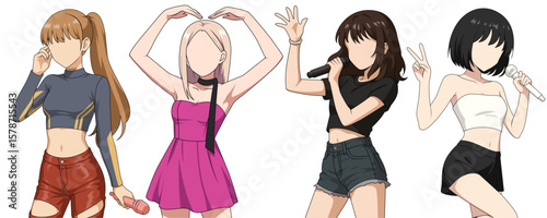 Set vector illustrations of kpop idols singing and dancing on stage. Bundle vector kpop music star. Modern idol group dancer with various different styles, poses and choreography. Korean pop cultures.