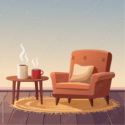 Cozy corner with a soft armchair and a steaming mug on a woven blanket