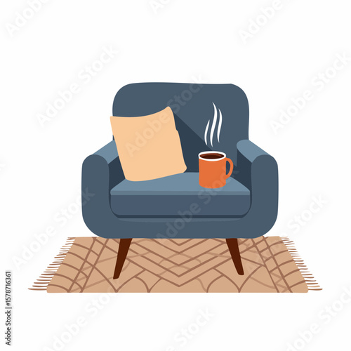 Cozy corner with a soft armchair and a steaming mug on a woven blanket