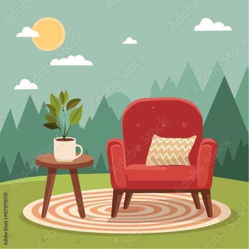 Cozy corner with a soft armchair and a steaming mug on a woven blanket