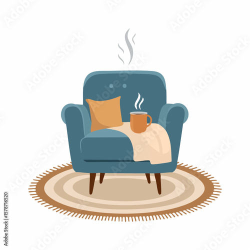 Cozy corner with a soft armchair and a steaming mug on a woven blanket