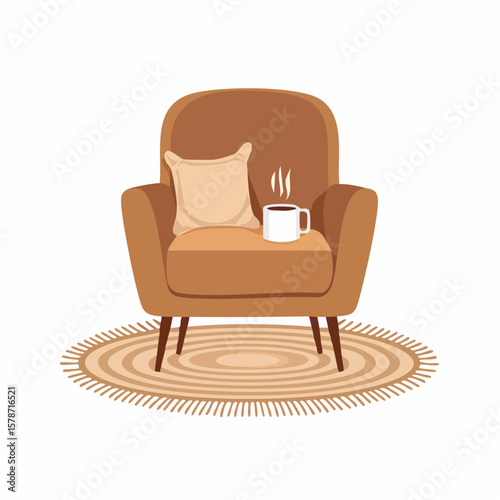 Cozy corner with a soft armchair and a steaming mug on a woven blanket