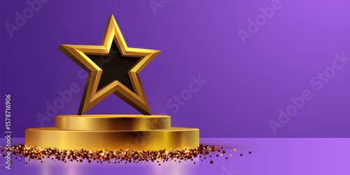 Award round podium with golden star on dark background. Vector golden symbol of victory, achievement, success, rewarding of winner. Vector illustration