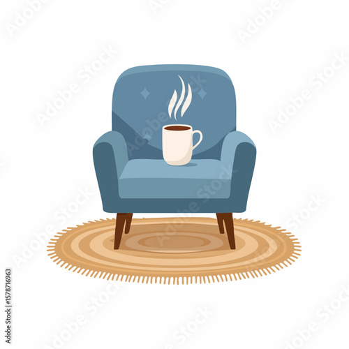 Cozy corner with a soft armchair and a steaming mug on a woven blanket