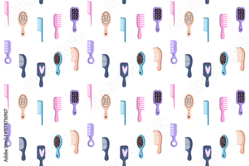 Repeating pattern with various brushes and combs in pastel colors for hygiene and beauty use