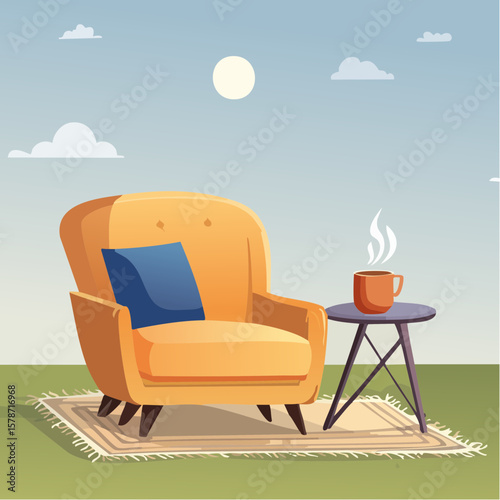 Cozy corner with a soft armchair and a steaming mug on a woven blanket