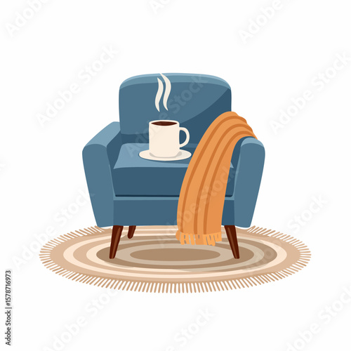 Cozy corner with a soft armchair and a steaming mug on a woven blanket