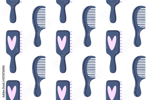 Repeating pattern with dark combs and brushes featuring a heart symbol on the handle