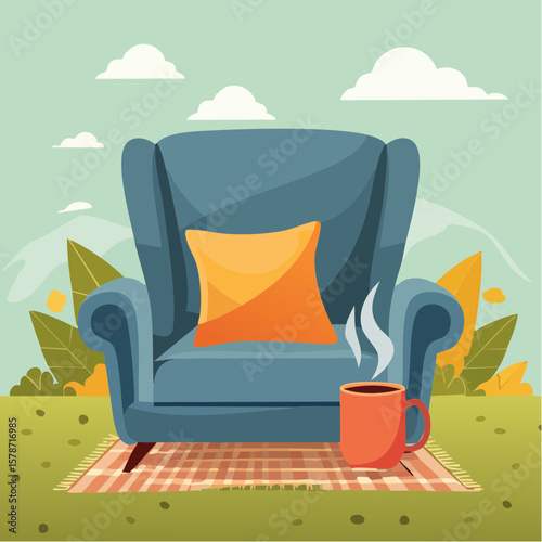 Cozy corner with a soft armchair and a steaming mug on a woven blanket