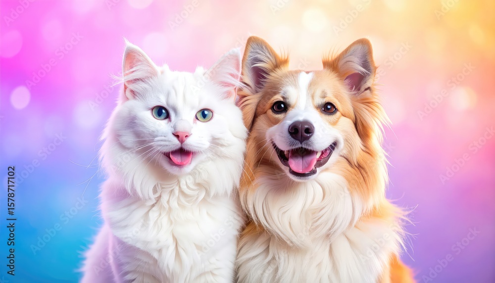 Joyful Pets: A Fluffy Cat and Dog Portrait in Pastel Hues Joyful Pets: A Fluffy Cat and Dog Portrait in Pastel Hues