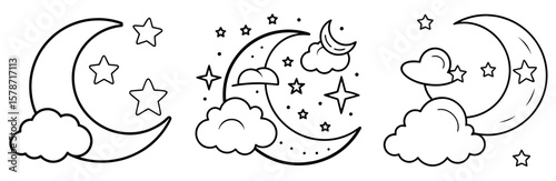 Moon, Stars, and Cloud Coloring Book Page - Outline Design