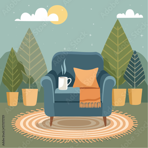 Cozy corner with a soft armchair and a steaming mug on a woven blanket