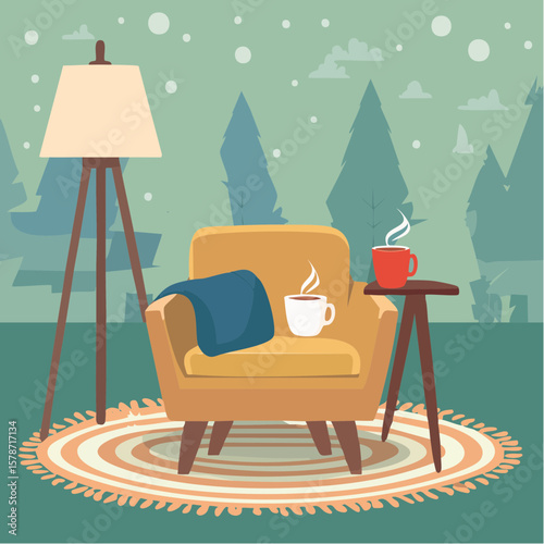 Cozy corner with a soft armchair and a steaming mug on a woven blanket