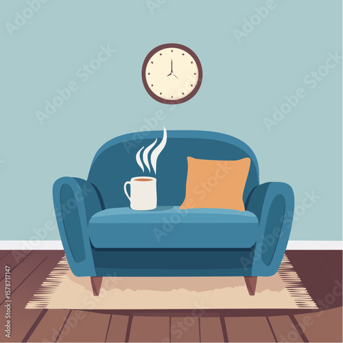 Cozy corner with a soft armchair and a steaming mug on a woven blanket