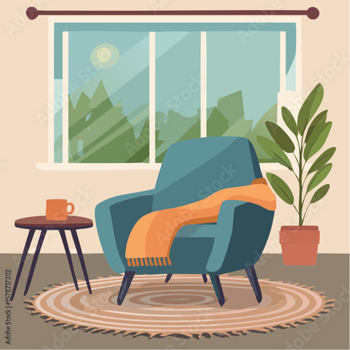 Cozy corner with a soft armchair and a steaming mug on a woven blanket