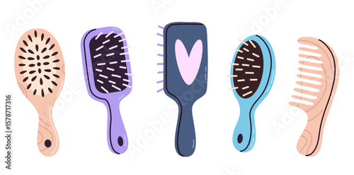 Horizontal set of wooden hairbrushes and combs for daily haircare and detangling