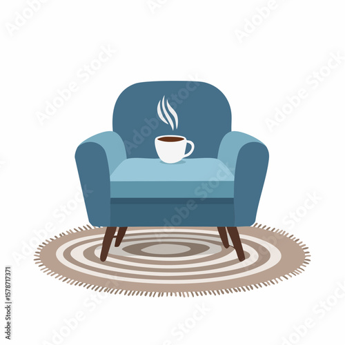 Cozy corner with a soft armchair and a steaming mug on a woven blanket