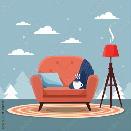 Cozy corner with a soft armchair and a steaming mug on a woven blanket