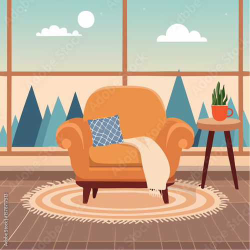 Cozy corner with a soft armchair and a steaming mug on a woven blanket
