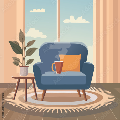 Cozy corner with a soft armchair and a steaming mug on a woven blanket