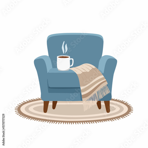 Cozy corner with a soft armchair and a steaming mug on a woven blanket