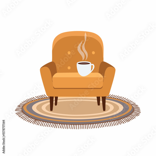 Cozy corner with a soft armchair and a steaming mug on a woven blanket