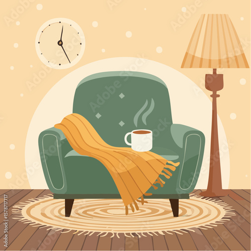 Cozy corner with a soft armchair and a steaming mug on a woven blanket